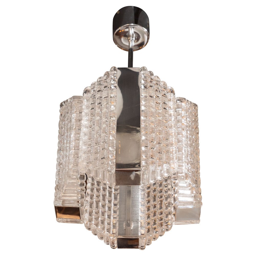 Mid-Century Modern Chrome and Textured Glass Pendant by Kaiser